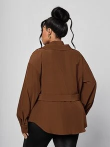 Maweii Plus Size Women Sexy Elegant Loose Brown Long Sleeve Shirt Lace 2 In 1 Inner Layer Western Style Casual Party Office Going Out Daily Loose Blouse Fall - Coffee Brown - View 2
