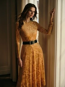 MOTF PREMIUM WOMEN'S ELEGANT VELVET ROSE JACQUARD ASYMMETRICAL HEM MIDI DRESS - Gold - View 7