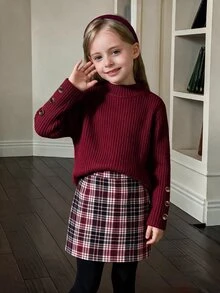 Elladie kids 少女美式學院風服飾套裝，紋理長袖T恤上衣與配套鈕扣裙 2件套搭配組合 - 酒紅色 - 查看 3