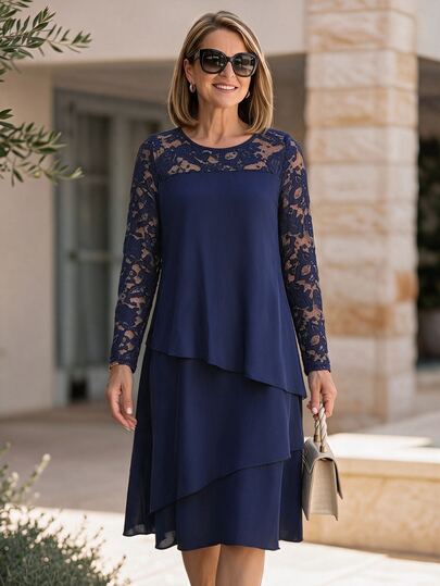 EMERY ROSE Vestido Elegante de Manga Longa com Gola Redonda e Renda Contrastante para Mulheres de Meia-Idade