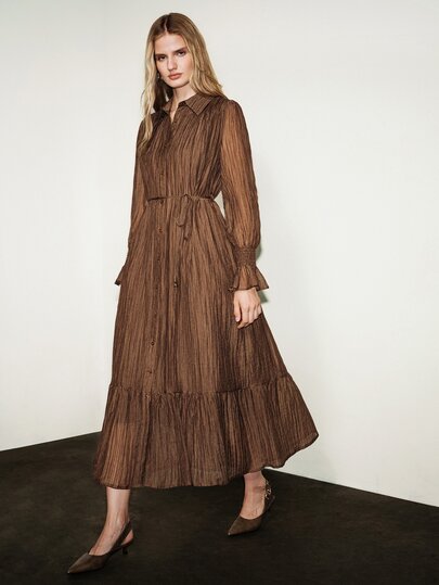 Aveloria Modichic Women's Dress A-Line Long Pleated Shirt Collar Button Up Tie Waist Ruffle Hem Elegant Brown Solid Fall Clothes For Women Long Dress Thanksgiving