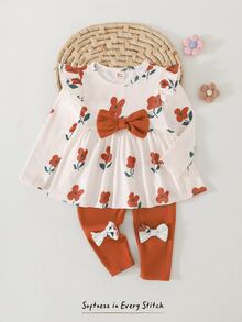 Cozy Pixies Baby Girl Knitted Floral Pattern Round Neck Ruffle Casual T-Shirt And 3D Bow Long Pants 2 Pieces Set - Multicolor - View 5