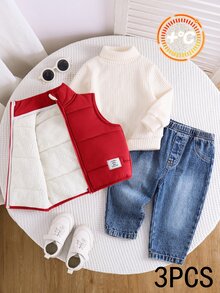 SHEIN 男嬰冬季抓絨背心高領秋季衛衣牛仔褲套裝 - 彩色 - 查看 3