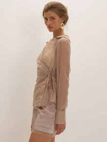 MUSEYN Beige Organza Sheer Tie Shirt Versatile Lounge Everyday Date Night Chic New Season Fall - Khaki - View 3