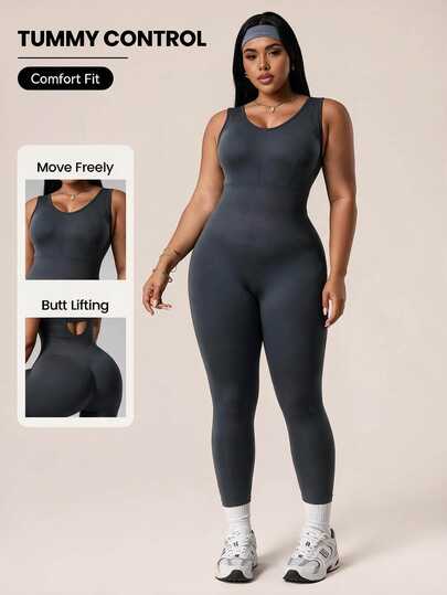 SHEIN Rhythm Era 1pc Plus Size Black Fashion Backless Jumpsuit, Comfortable Elastic Seamless Knit Yoga Fitness Workout