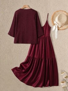 Rusticease Women's Solid Color Open Front Jacket And Ruffle Hem Cami Dress Casual 2 Pieces Set - Burgundy - View 2
