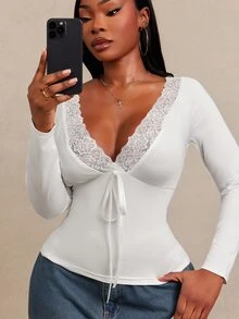SHEIN SXY White High Elasticity Knit Lace Patchwork V-Neck Bow Decor Long Sleeve T-Shirt Fall - White - View 6
