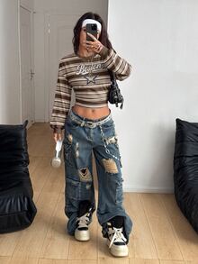 Coolane 女款長袖短版腰部上衣運動衫，胸前星星印花圖案，棕色條紋，學院風返校校園穿搭社團服飾，青年休閒街頭風，酷感極簡機車工裝風，時尚Y2K - 白色 - 查看 5