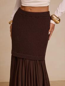 Glamine Women's French Style Ribbed Chiffon Pleated Knit Skirt - Coffee Brown - View 7