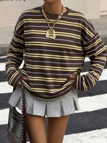 Muchica 大尺碼女款棕色秋季休閒校園風藍棕條紋運動可愛甜美長袖T恤，復古圖案Y2K軟妹風上衣 - 彩色 - 查看 1