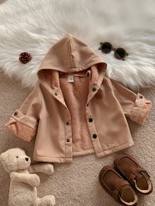 SHEIN 中性嬰兒男/女童、幼兒秋冬保暖內裡加厚休閒可愛連帽夾克外套，嬰兒冬季外套，填充外套，絎縫外套，抓絨 - 卡其色 - 查看 9