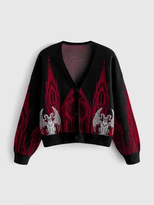 ROMWE Dark Gothic Church Demon Pattern Jacquard V-Neck Loose Fit Plus Size Cardigan Women Fall Winter Sweater - Black - View 1