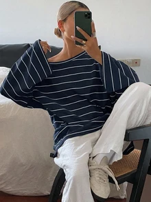 DAZY 女款條紋不對稱肩寬鬆街頭休閒T恤 - 藏蓝色 - 查看 6