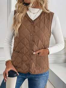 DAZY Women's Fitted V-Neck Sleeveless Casual Vest Jacket Winter - Coffee Brown - View 3