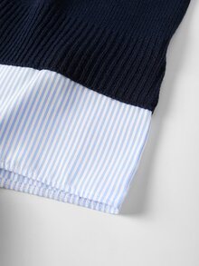 GlowEve CURVE Plus Size Striped Patchwork Collared Long Sleeve Pullover Sweater - Navy Blue - View 7