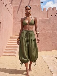 Zivah Women's Beach Vacation Cover-Up Drawstring Ruched 3/4 Lantern Pants For Beach Party - Army Green - View 4