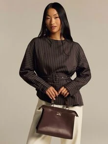 COSMINA Women's Long Sleeve Brown Striped Shirt With Belt And Asymmetrical Hem, Autumn/Winter - Brown - View 6