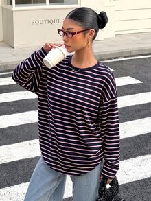 Muchica 女款寬鬆黑色條紋露背綁帶長袖T恤，適合穿搭、返校季、街頭風露背上衣 - 黑與白 - 查看 4