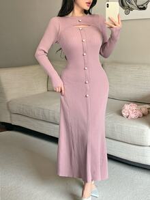 Feyla Women's Solid Color Button Design Cutout Long Sleeve Fitted Elegant Knit Dress - Dusty Pink - View 1