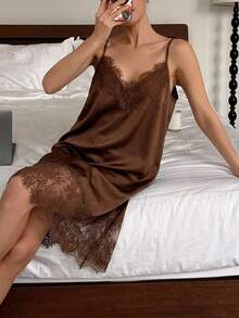 DAZY Lace Patchwork Spaghetti Strap Short Nightgown Dress Summer Outfit For Women - Coffee Brown - View 5