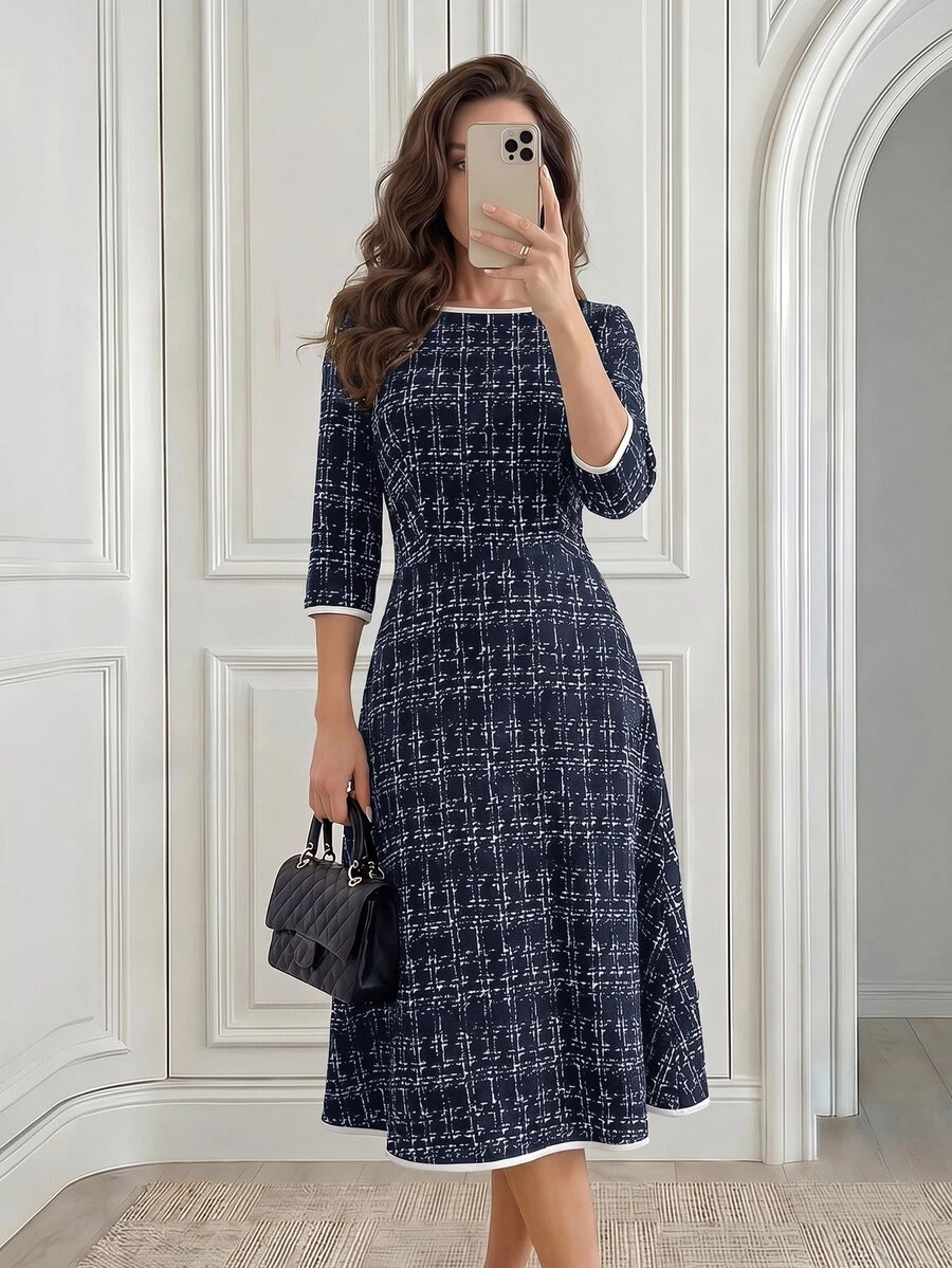 Medorina Women's Plaid Round Neck 3/4 Sleeve Elegant Mid-Length Dress - Navy Blue - View 1