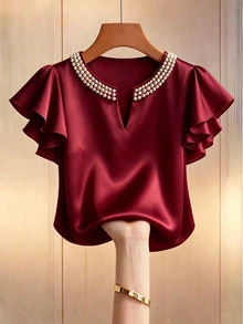 GlowEve CURVE Plus Size Autumn Fashion Casual Versatile Satin Beaded Burgundy Blouse - Burgundy - View 1