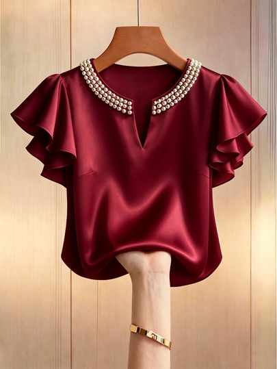 GlowEve CURVE Plus Size Autumn Fashion Casual Versatile Satin Beaded Burgundy Blouse