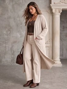 Ceyna Plus Size Women's Fashion Mid-Length Cardigan Sweater With Pockets, Casual Versatile Daily Autumn/Winter Outerwear - Apricot - View 7