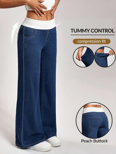 Flexra Jeans de mezclilla con bolsillos de color contrastante, moda callejera de talla grande
