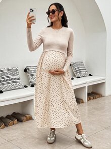 SHEIN 孕婦綠色長袖圓領休閒百搭洋裝，秋季女裝穿搭 - 杏色 - 查看 4