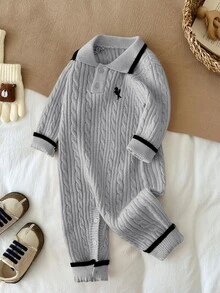 LMoss Kids Baby Boy Knitted Colorblock Collared Half-Button Casual Autumn Sweater Romper - Multicolor - View 5