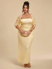 SHEIN BAE CURVE Plus Size Women's Yellow Lace Ruched Dress - Yellow - View 1