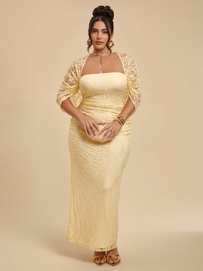 SHEIN BAE CURVE Vestido de encaje amarillo fruncido para mujer talla grande