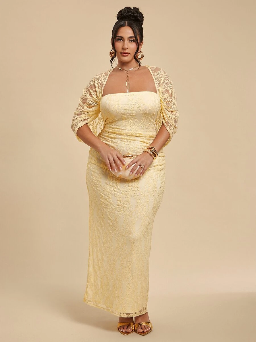 SHEIN BAE CURVE Plus Size Women's Yellow Lace Ruched Dress - Yellow - View 1