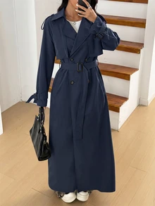 Solflare Plus Size Women's Solid Color Double-Breasted Long Sleeve Casual Trench Coat Jacket, Spring/Autumn - Navy Blue - View 5