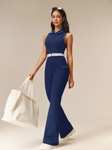 OutZeal One-Piece Women Outdoor Jumpsuit Casual Studio Bra-In Front Half Zip Flared Leg With Pockets - Navy Blue - View 6