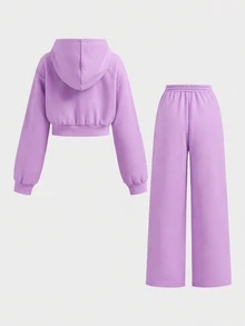 SHEIN Girlism 青少年女孩紫色連帽兩件套，雙拉鍊秋季夾克搭配直筒寬鬆長褲，學院風，適合返校季與街頭穿搭 - 紫色 - 查看 2