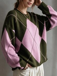 GlowEve CURVE Plus Size Fashion Vintage Jacquard Colorblock Pullover Sweater - Multicolor - View 3