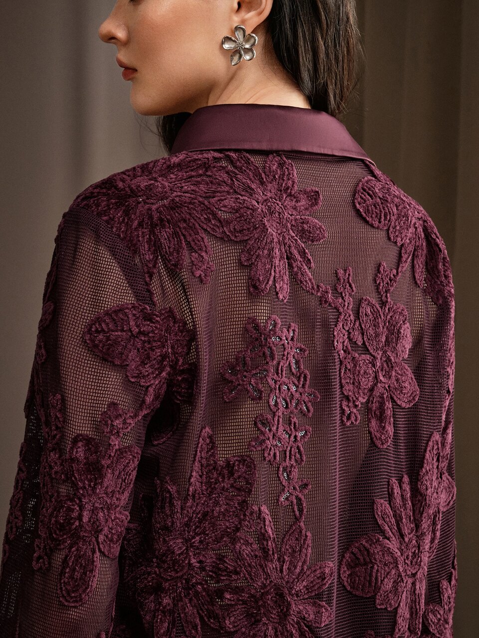 Anewsta Women's Autumn/Winter New High-End Fashion Elegant Deep Purple-Red 3D Velvet-Feel Embroidered Jacquard Shirt And Pants Set