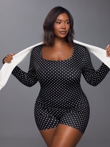 Voyena Women's Plus Size Polka Dot Print Long Sleeve Athletic Romper Fall - Black - View 4