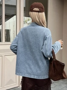 DAZY Deep Blue Stand Collar Single-Breasted Metal Button Loose Drop Shoulder Long Sleeve Casual Versatile Denim Jacket - Blue - View 2