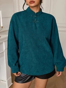 EastFlair Plus Size Women's Elegant Long Sleeve Top With Frog Button Front Fall - Green - View 4