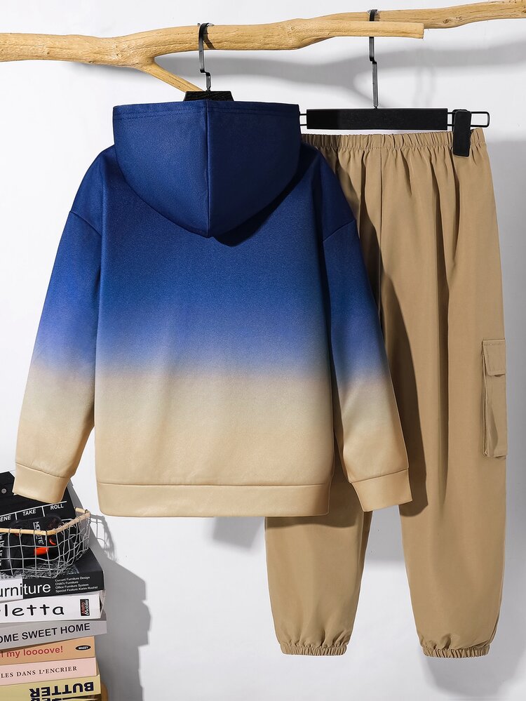 SHEIN Kids Tween Boys Casual Sports Gradient Tie-Dye Hoodie Sweatshirt & Khaki Cargo Jogger Pants Set, Suitable For Fall/Winter, School, Family Gathering, Vacation, Party, FallOutfit, WinterOutfit, Boysoutfit Set - Multicolor - View 4