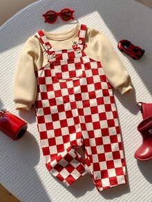 中性嬰兒男/女嬰、幼兒秋冬休閒可愛紅色格紋吊帶褲與衛衣套裝，嬰兒冬季服裝套裝，街頭風，聖誕節 - 紅色 - 查看 3