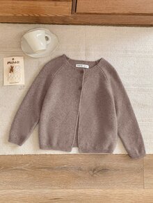 Blossori 女童法式優雅灰色鈕扣寬鬆長袖開襟衫，秋冬款 - 卡其色 - 查看 1