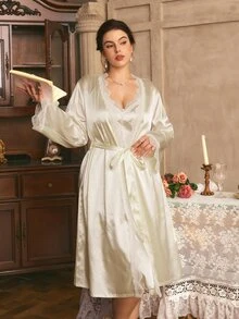 Côtesoire Plus Size Women's Southern French Romantic Elegant Glossy Satin Lace Slip Robe, Lace Robe Nightwear Set - Champagne - View 5