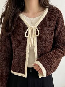 INAWLY Women's Thick Textured Short Knit Cardigan, Contrast Color Ruffle Bowknot Long Sleeve Loose Short Sweater Jacket - Coffee Brown - View 3