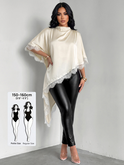 SOLERSUN Petite Women's Satin Lace Trim Top, Luxury Draped Blouse With Elegant Asymmetric Silhouette, Sophisticated Feminine Shirt For Everyday Chic