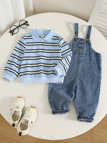 SHEIN 中性嬰兒男嬰/女嬰 2件組秋冬可愛條紋領衛衣與牛仔吊帶褲套裝 男嬰套裝 秋季 - 藏蓝色 - 查看 1