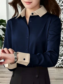SHEIN 女款休閒長袖撞色鈕扣襯衫 - 彩色 - 查看 1